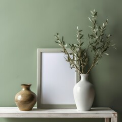 Minimalistic elegant living room interior with white wooden picture photo frame on table. Olive twig in vintage silver vase, jug. Sage green walls created with Generative AI