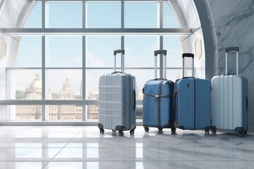 Suitcases in airport. Travel concept. 3d renderin