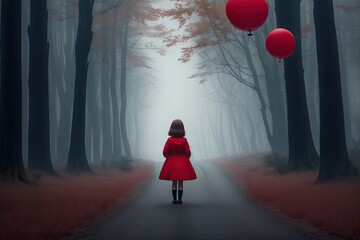 girl with red baloon in misty landscape with fir forest in hipster vintage retro style, ai generative