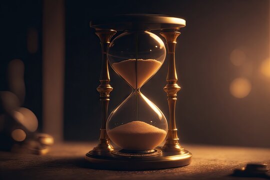 wooden hourglass on the wooden table with a wooden background, ai generative