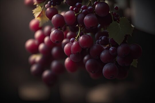 Beautiful grapes image. Bunches of ripe red wine grapes on vine branch, dark tone image, ai generative