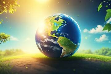 Obraz na płótnie Canvas a globe on bright green grass. Earth Day Concept, Eco Education, Environmental Awareness, ai generative