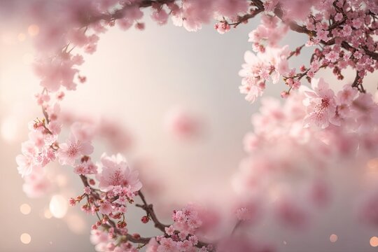 Frame for product in beautiful branches of pink Cherry blossoms design background, ai generative.