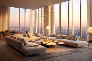 A sleek and contemporary living room in a penthouse, showcasing minimalist design, floor-to-ceiling windows, and plush seating arrangements. Generative AI