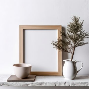 Interior decor, still life. Blank wooden picture frame with white background mockup. Vase with pine tree branches, cup of coffee and old books on grey desk created with Generative AI © mg photo