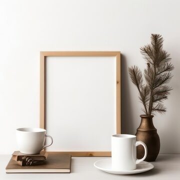 Interior decor, still life. Blank wooden picture frame with white background mockup. Vase with pine tree branches, cup of coffee and old books on grey desk created with Generative AI