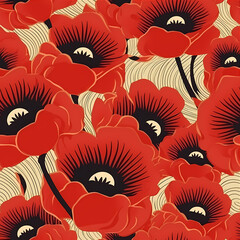 Seamless pattern with Red Poppies. Poppy flower in Art Deco or Art Nouveau style.