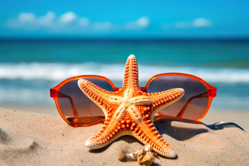 starfish on the beach with sunglass, Tropical Tranquility: A Captivating Close-Up Photograph of a Starfish in Sunglasses, Embracing the Beach and Sea with Shells