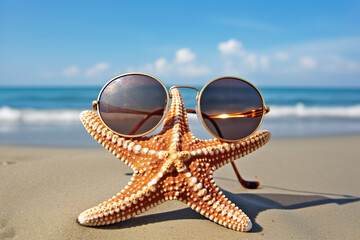 starfish on the beach with sunglass, Tropical Tranquility: A Captivating Close-Up Photograph of a Starfish in Sunglasses, Embracing the Beach and Sea with Shells