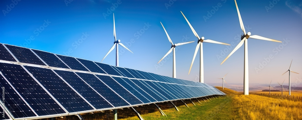 Wall mural powering the future: a striking photograph of solar panels on a farm with wind turbines, an energeti