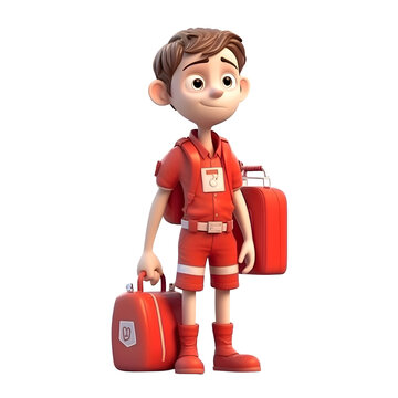 3D Render of a young fireman with a red briefcase