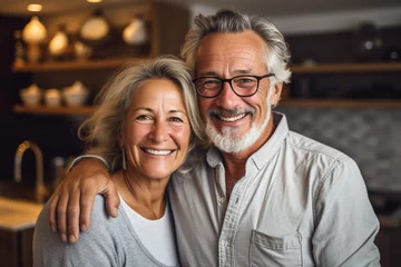 Fotobehang Retired couple hugging with a smile indoors. High quality photo © Starmarpro
