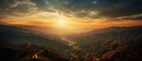 Majestic Sunset Over a Serene Mountain Landscape. Generative AI