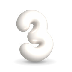 Glossy, lustrous and gleaming white balloon number three. 3d realistic design element isolated on white background. For happy birthday, party, sales.