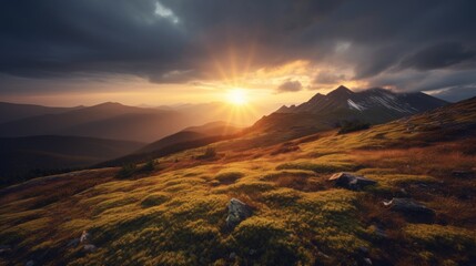 Majestic Sunset Over a Serene Mountain Landscape. Generative AI
