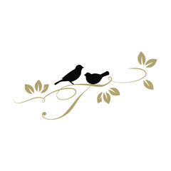 birds on a branch, golden letter t