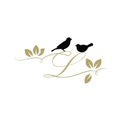 birds on a branch, golden letter l