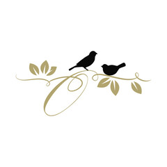birds on a branch, golden letter o