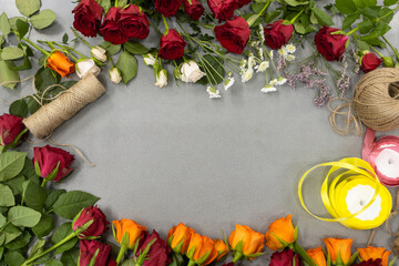 Floristry. Layout of cut flowers. Tools and accessories for making a bouquet.