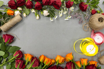 Floristry. Layout of cut flowers. Tools and accessories for making a bouquet.