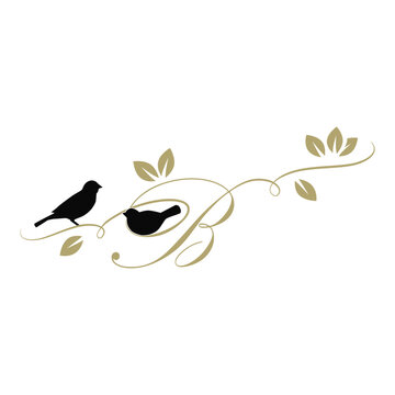 birds on a branch, golden letter b