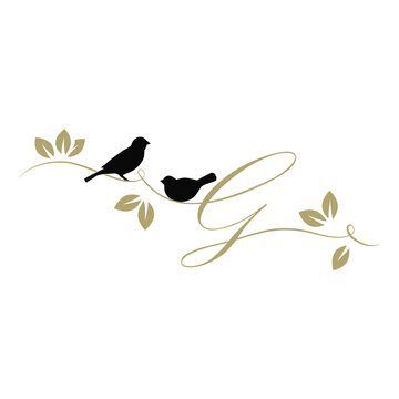 birds on a branch, golden letter G