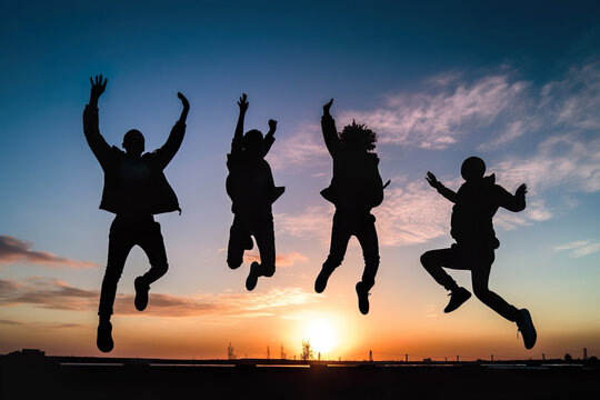 jumping people silhouettes, Boundless Joy: Friends Leaping in the Air, Silhouettes Focused on Joints and Connections - A Bronze Smilecore Moment of Emotional Impact, Against a Sundown