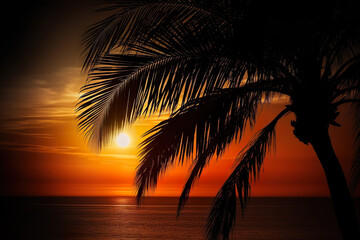 Fototapeta na wymiar A Captivating Moment: A Photo-Realistic Landscape of the Sun Rising over a Palm Tree at Sunset. Romantic Seascapes and Detailed Foliage Convey the Serenity
