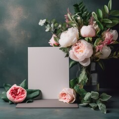 Wedding, birthday stationery mock-up scene. Blank open folded white greeting card. Decorative floral corner. Green leaves, blush pink English roses and ranunculus flowers. Created with Generative AI