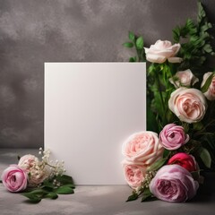 Obraz na płótnie Canvas Wedding, birthday stationery mock-up scene. Blank open folded white greeting card. Decorative floral corner. Green leaves, blush pink English roses and ranunculus flowers. Created with Generative AI