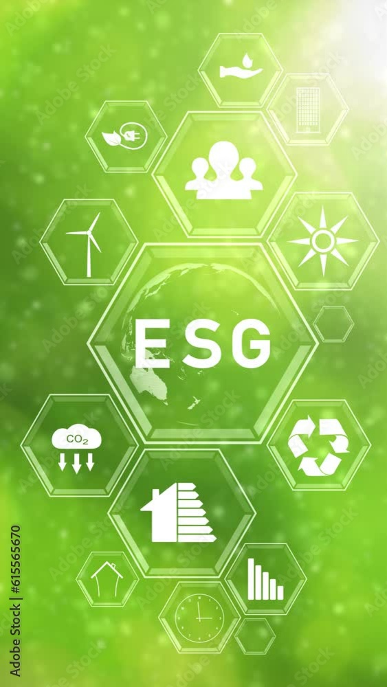 Poster concept esg icons on vertical loop green bokeh background. environment, society and governance verti