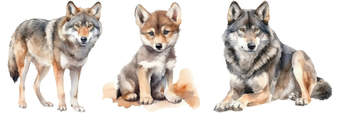 Watercolour illustration of three wolfs isolated on white background as transparent PNG, generative AI clipart animal bundle