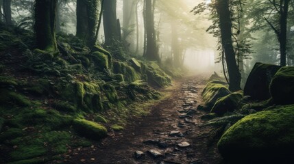 Obraz premium Enchanting Forest Path in Morning Mist. Generative AI