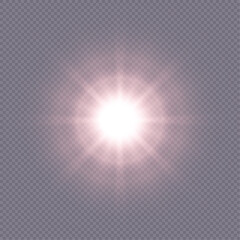 Fototapeta premium Bright sun shines with warm rays, vector illustration Glow gold star on a transparent background. Flash of light, sun, twinkle. Vector for web design and illustrations.