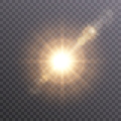 Bright sun shines with warm rays, vector illustration Glow gold star on a transparent background. Flash of light, sun, twinkle. Vector for web design and illustrations.