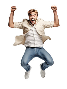 Handsome, attractive young man celebrating. Man isolated in transparent png. Full body, full lenght studio portrait of jumping man 