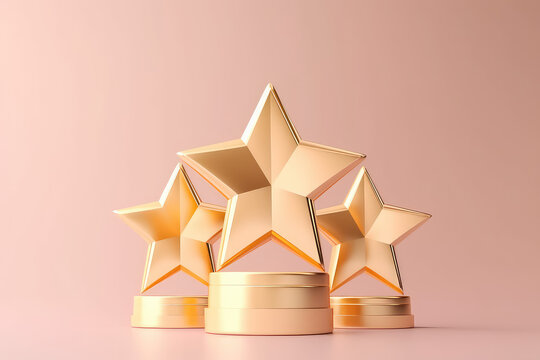 Three golden stars on stands, creative concept of best service and rating grades. Cute 3D icon in a cartoon plastic style in pastel colors. Generative AI 3d render illustration imitation.