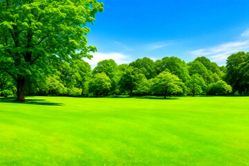 Fototapeta na wymiar A lovely wide-format photograph of a country lawn framed by trees and bushes on a sunny summer day