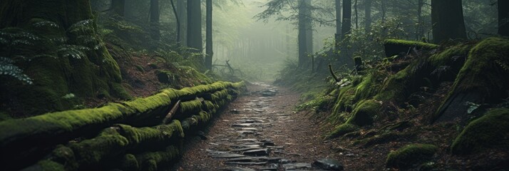 Enchanting Forest Path in Morning Mist. Generative AI