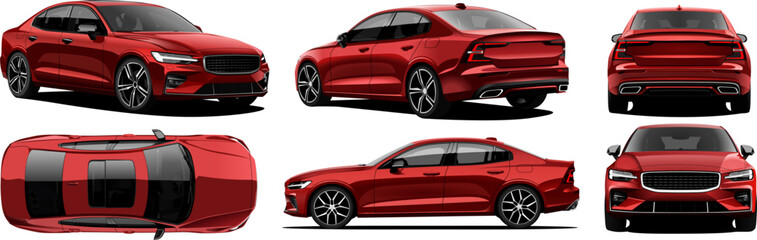realistic vector car in red color with gradients. front, back, side, top view	 - obrazy, fototapety, plakaty