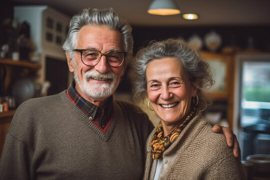 Retired couple hugging with a smile indoors. High quality photo
