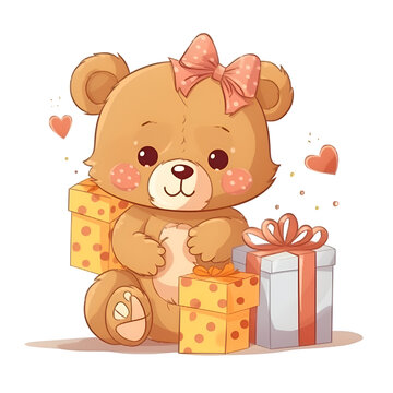 Cute teddy bear with a gift box. Vector illustration.