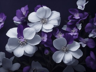 With a dark background and purple and white flowers