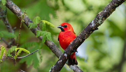 A vivid scarlet tanager perched on a tree in the forest, seen from up close