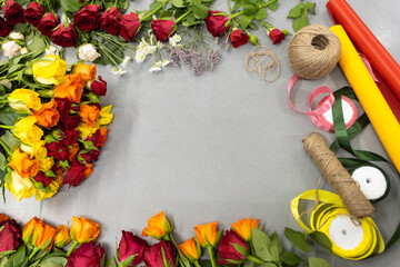 Floristry. Layout of cut flowers. Tools and accessories for making a bouquet.