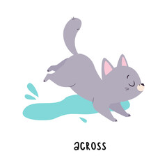 Little Grey Cat Jump Across Stream as English Language Preposition for Educational Activity Vector Illustration