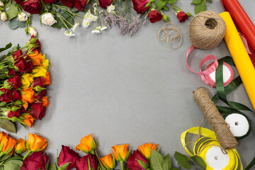Floristry. Layout of cut flowers. Tools and accessories for making a bouquet.