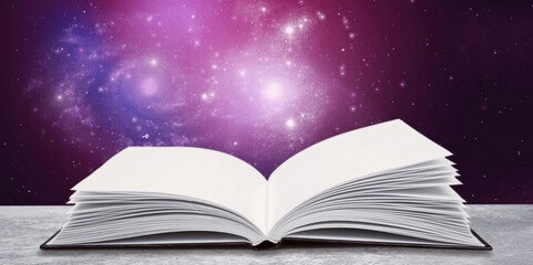 open retro antique book on desk and stars background