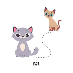 Little Cat Sit Far from Each Other as English Language Preposition for Educational Activity Vector Illustration