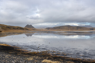 Lake and mountains, Dyrholaey, south Iceland